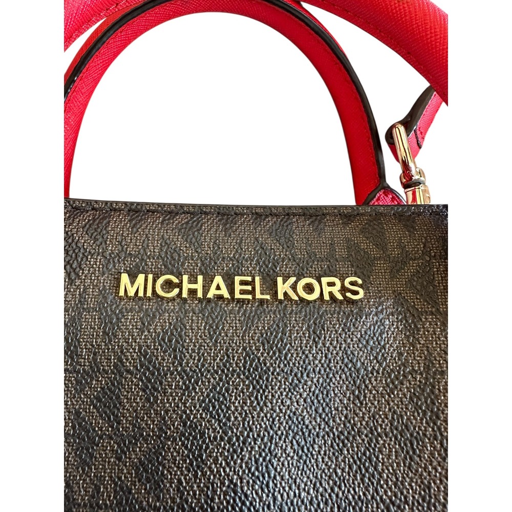Michael‎ Kors Signature Monogram Dome Satchel Crossbody Bag Red Leather Trim - Picture 8 of 8
